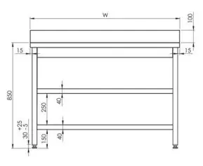 Rustfri benk oppkant bak, to underhyller BxDxH: 60x70x85cm 